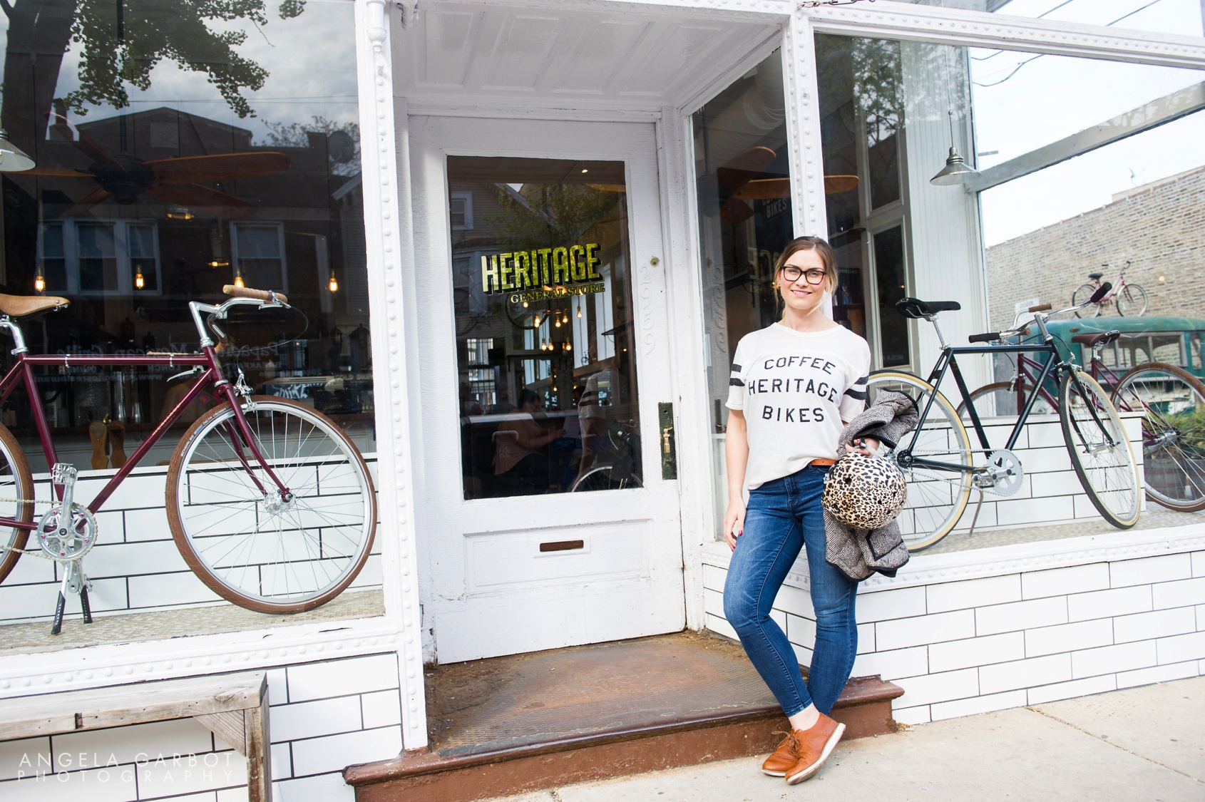 Branding photography of Lynzie Smith at Heritage Bicycles Coffee shop in Chicago by Angela Garbot Photography